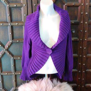 Size XL purple plum shrug with jumbo front button ribbed all the way around.